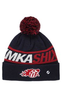 Синяя шапка мелкой вязки с помпоном Ymkashix
