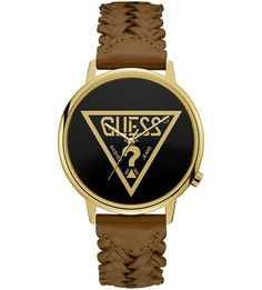 Кварцевые часы с коричневым кожаным ремешком Guess