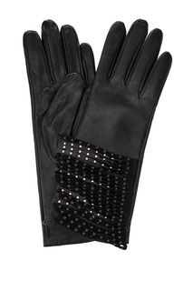 Черные кожаные перчатки с бахромой Eleganzza