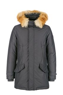 Серый зимний пуховик с меховой отделкой Woolrich