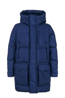Синий зимний пуховик из хлопка с капюшоном Woolrich