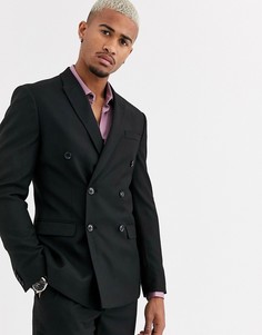 Черный двубортный пиджак узкого кроя Topman