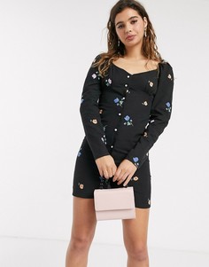 Платье мини с вышивкой и перламутровыми пуговицами ASOS DESIGN-Черный
