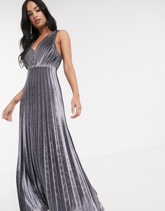 Приталенное платье макси из плиссированного бархата с бретельками на спине ASOS DESIGN-Серебряный