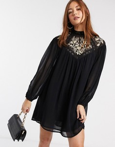 Черное свободное платье с вышивкой River Island-Черный