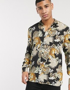Черная рубашка с длинными рукавами и принтом тигров Topman-Черный