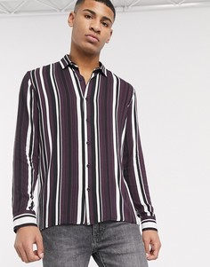 Бордовая рубашка с длинными рукавами в черную полоску Topman-Красный
