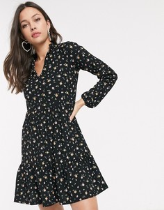 Свободное платье с цветочным принтом и оборками New Look-Черный