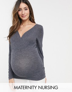 Серый топ для кормления с запахом и кружевной спинкой Mamalicious Mama.Licious