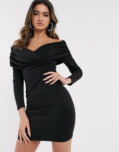 Платье мини с открытыми плечами, длинными рукавами и сборками ASOS DESIGN-Черный