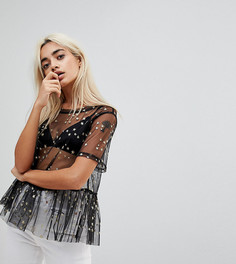 Прозрачный сетчатый топ с вышитыми звездами цвета металлик Glamorous Petite-Черный
