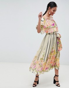 Платье-бандо миди с цветочным принтом и оборками ASOS DESIGN-Мульти