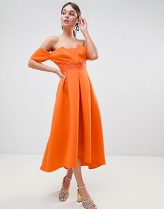 Платье миди для выпускного с широким вырезом и складками ASOS DESIGN-Оранжевый