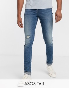 Синие джинсы скинни с потертостями и необработанной кромкой ASOS DESIGN Tall-Синий