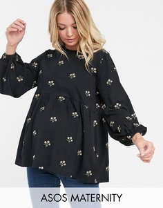 Свободный топ с длинными рукавами и цветочной вышивкой ASOS DESIGN Maternity-Черный