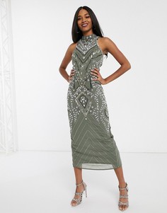 Платье миди с высоким воротником и отделкой ASOS DESIGN-Мульти