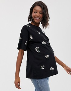 Футболка с цветочной вышивкой ASOS DESIGN-Черный