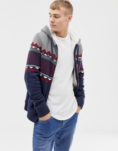 Темно-синий кардиган с узором Фэйр-Айл и капюшоном с меховой подкладкой Hollister-Серый