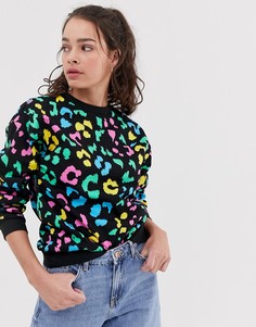 Свитшот со звериным принтом неоновой расцветки ASOS DESIGN-Черный