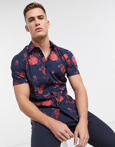 Красно-черная строгая рубашка с цветочным принтом Topman-Темно-синий