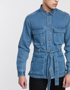 Джинсовая рубашка навыпуск с поясом ASOS DESIGN-Синий