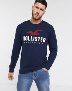 Темно-синий свитшот с круглым вырезом и логотипом Hollister