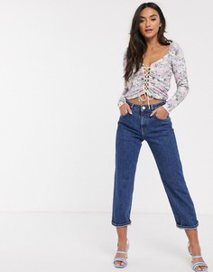 Лонгслив со шнуровкой и цветочным принтом ASOS DESIGN-Розовый