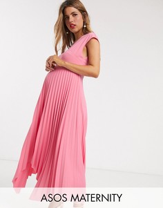 Платье миди с V-образным вырезом и плиссированной асимметричной юбкой ASOS DESIGN Maternity-Фиолетовый