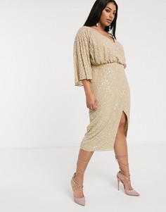 Платье миди с широкими рукавами и пайетками ASOS DESIGN Curve-Бежевый