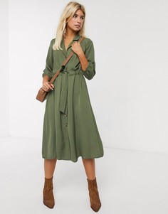 Платье-рубашка миди на пуговицах с присборенной талией ASOS DESIGN-Зеленый