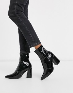 Черные лакированные ботильоны на каблуке с острым носком New Look-Черный