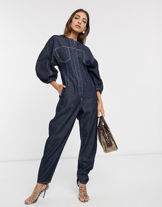 Джинсовый комбинезон цвета индиго с контурными швами ASOS DESIGN-Синий