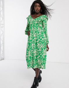 Зеленое свободное платье миди с цветочным принтом ASOS DESIGN-Зеленый