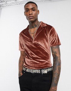 Бордовая велюровая футболка-поло ASOS DESIGN-Коричневый