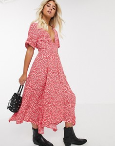 Красное платье миди с цветочным принтом Free People-Красный