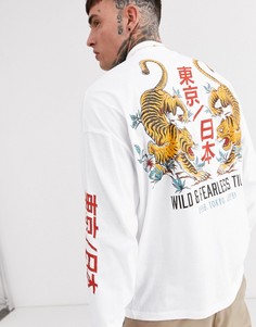 Oversize-футболка с длинным рукавом, высоким воротником и принтом тигров ASOS DESIGN-Белый