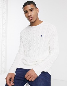 Белый хлопковый свитер с узором \"в косичку\" и круглым вырезом Polo Ralph Lauren