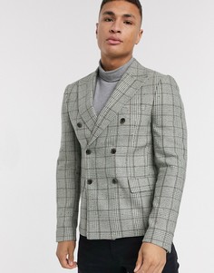 Серый двубортный приталенный пиджак в клетку ASOS DESIGN