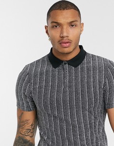 Блестящее приталенное сетчатое поло в полоску ASOS DESIGN-Серебряный