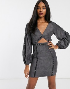Платье мини с вырезами и заклепками ASOS DESIGN-Серый