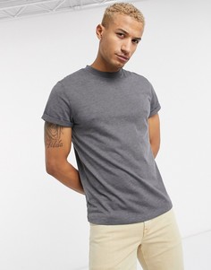 Темно-серая меланжевая футболка с круглым вырезом и отворотами на рукавах ASOS DESIGN-Серый