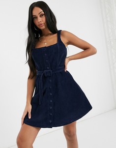 Вельветовое приталенное платье темно-синего цвета ASOS DESIGN-Синий