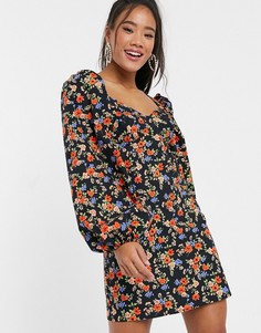 Хлопковое платье мини с пышными рукавами и цветочным принтом ASOS DESIGN-Мульти