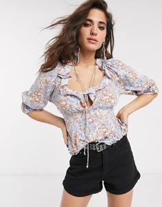Блузка с цветочным принтом и оборками Free People-Синий