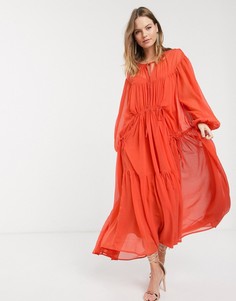 Мягкое ярусное платье макси со шнурками ASOS DESIGN-Красный