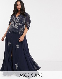Платье макси с цветочной отделкой из бисера и пайеток ASOS DESIGN Curve-Темно-синий