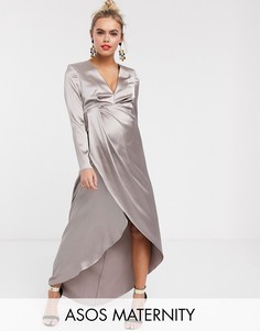 Атласное платье макси с разрезом сбоку и глубоким вырезом ASOS EDITION Maternity-Серебряный