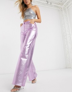 Широкие брюки из искусственной кожи с эффектом металлик ASOS DESIGN-Розовый