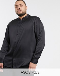 Черная атласная рубашка классического кроя с воротником в восточном стиле ASOS DESIGN Plus-Черный