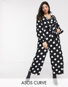 Комбинезон в горошек с запахом ASOS DESIGN Curve-Мульти